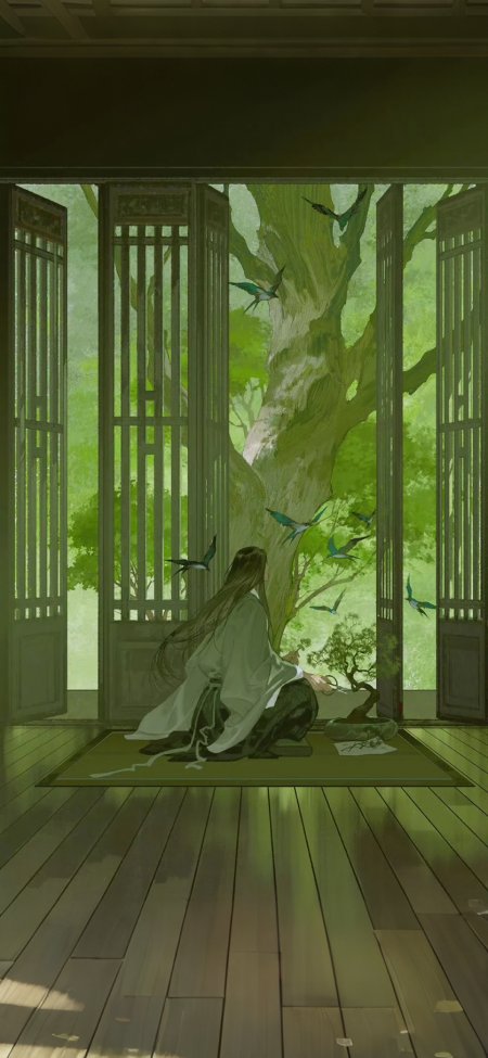 伊吹鸡腿子古风男子窗边赏鸟意境唯美插画手机壁纸