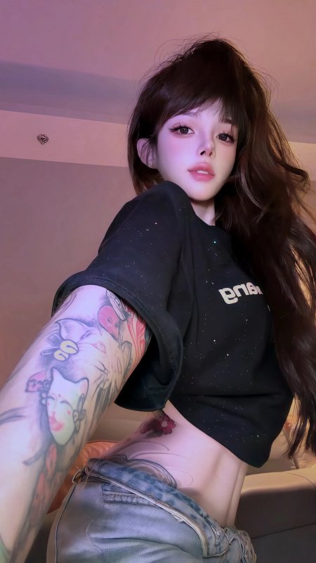 美女黑色星空短袖秀出腹肌纹身特写个性潮流人物摄影手机壁纸