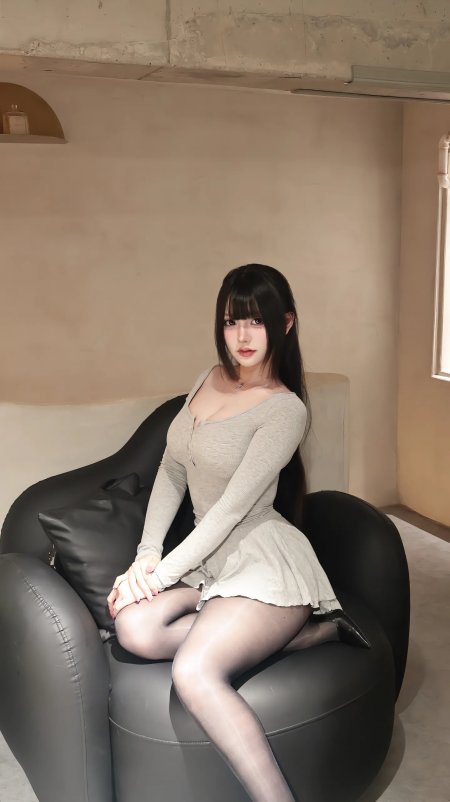 少女灰色修身连衣裙坐黑色沙发温柔注视镜头人物摄影手机壁纸