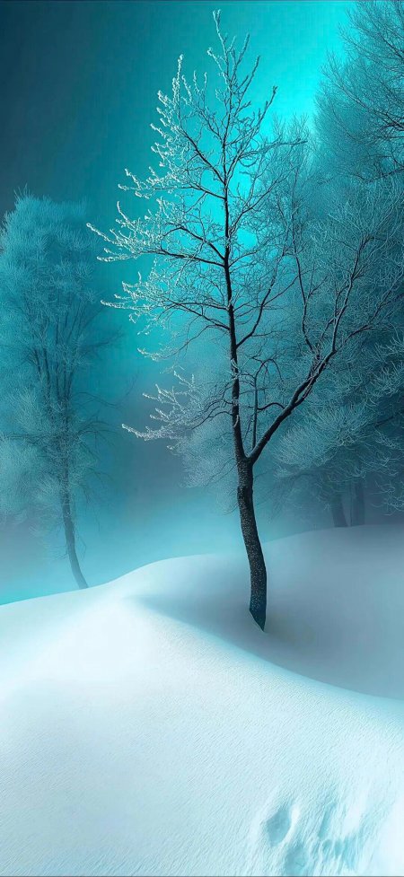 蓝调雪景孤树覆霜静谧冬日风景手机壁纸