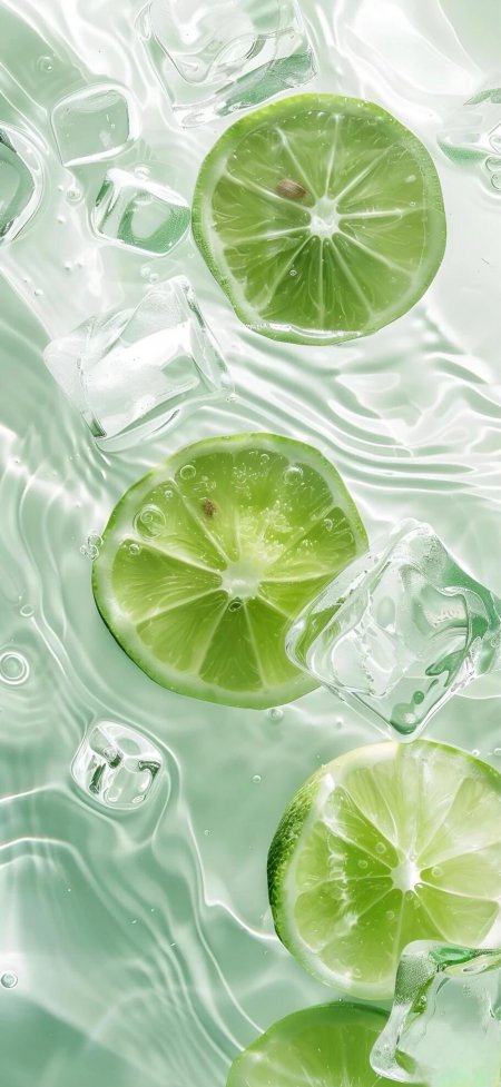 青柠切片漂浮冰块水中夏日清凉治愈系手机壁纸