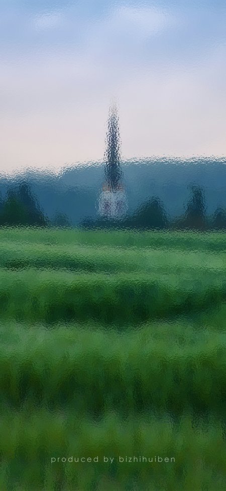 磨砂玻璃质感绿色草地远山朦胧意境风景手机壁纸