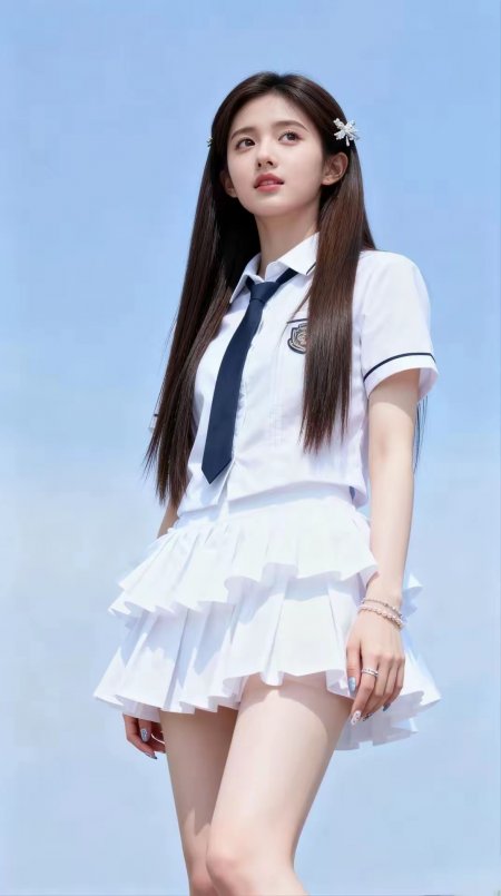 美女白色衬衫百褶裙蓝天背景清纯甜美人物摄影手机壁纸