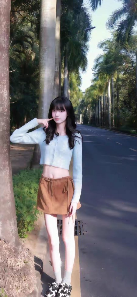 美女蓝色针织衫棕色短裙棕榈树旁清新街拍人物摄影手机壁纸