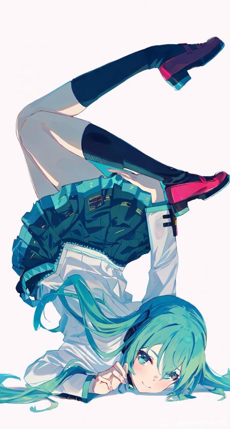 初音未来蓝发少女倒立姿势二次元动漫手机壁纸