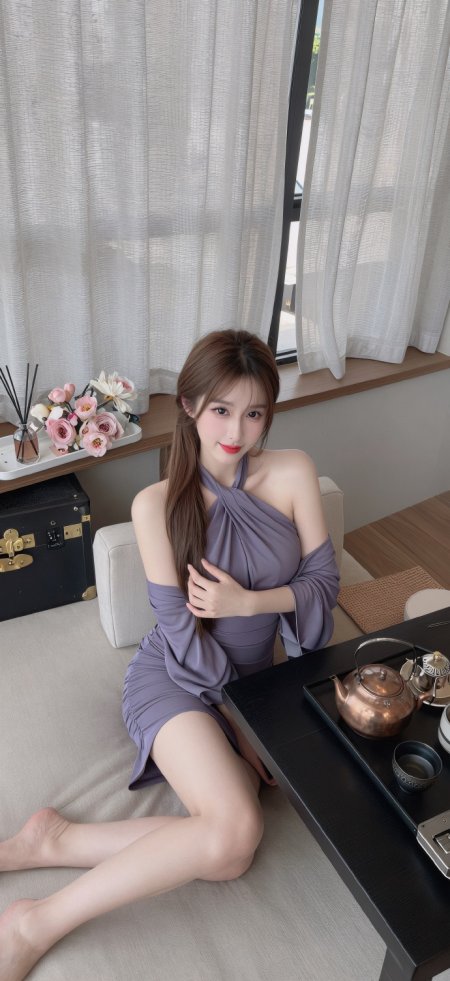 美女紫色挂脖连衣裙窗边品茶优雅知性人物手机壁纸