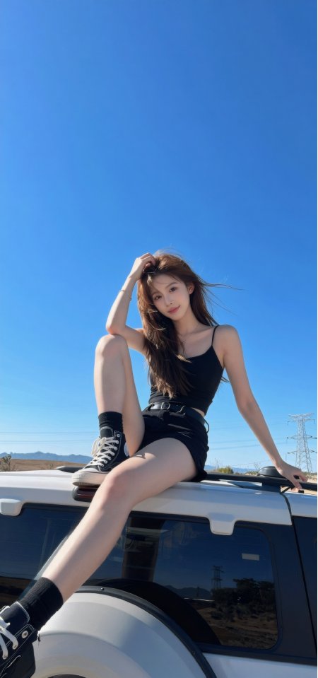 美女黑色吊带短裤坐越野车顶蓝天背景户外旅行人物手机壁纸