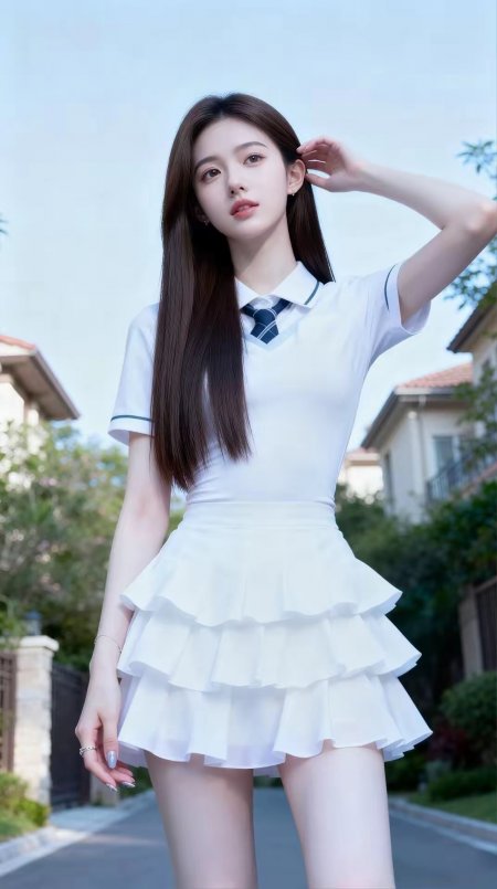 美女白色Polo衫蛋糕裙小区道路优雅气质人物摄影手机壁纸