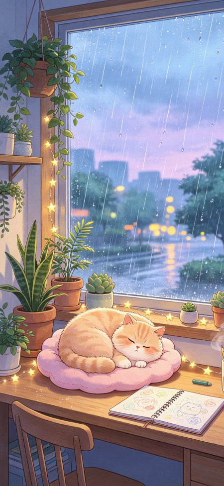 橘猫蜷缩在窗台粉色垫子上雨天安睡治愈系动漫手机壁纸