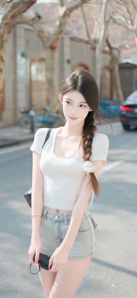 美女白色短袖牛仔短裤街头漫步自然随性人物摄影手机壁纸