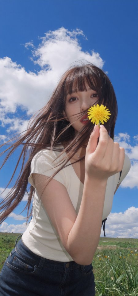 美女手持黄花蓝天草地清新自然甜美人物摄影手机壁纸