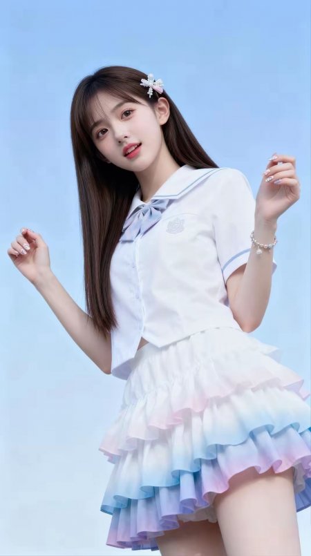 美女水手服彩虹裙摆侧身回眸梦幻唯美人物摄影手机壁纸