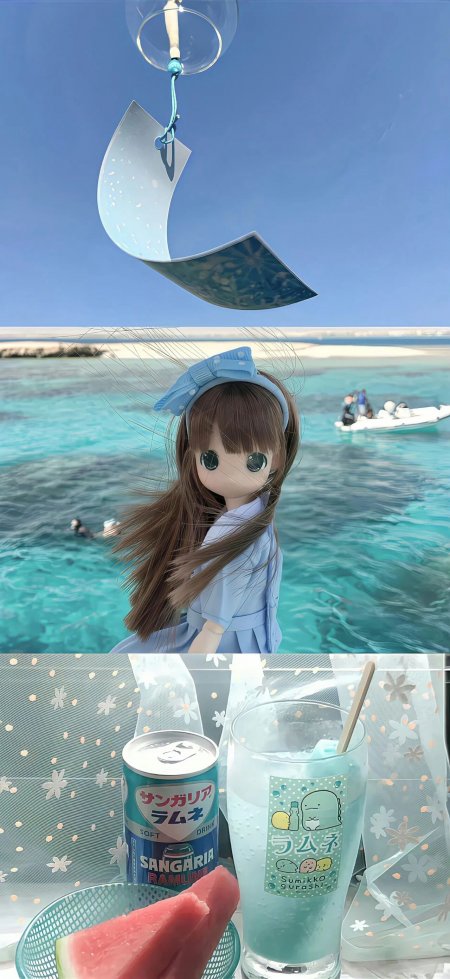 海边少女蓝色裙装风铃汽水清新夏日人物摄影手机壁纸
