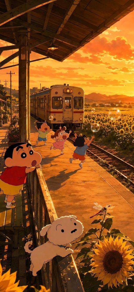 蜡笔小新站台奔跑向日葵夕阳治愈系动漫手机壁纸