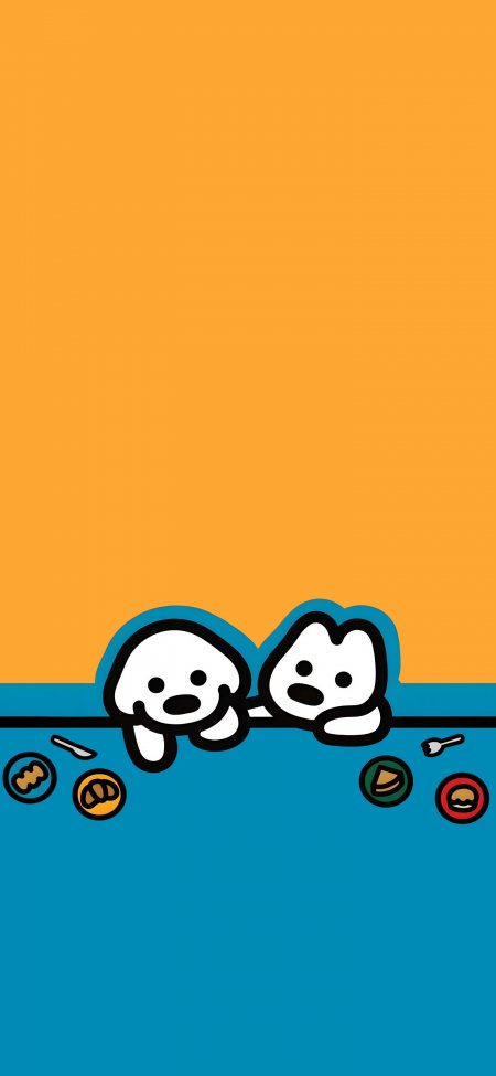 橙蓝背景中两只小狗探头张望可爱卡通插画手机壁纸