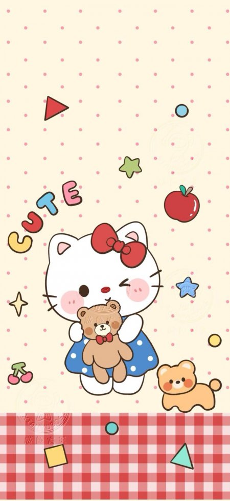 Hello Kitty抱小熊波点背景可爱卡通动漫手机壁纸