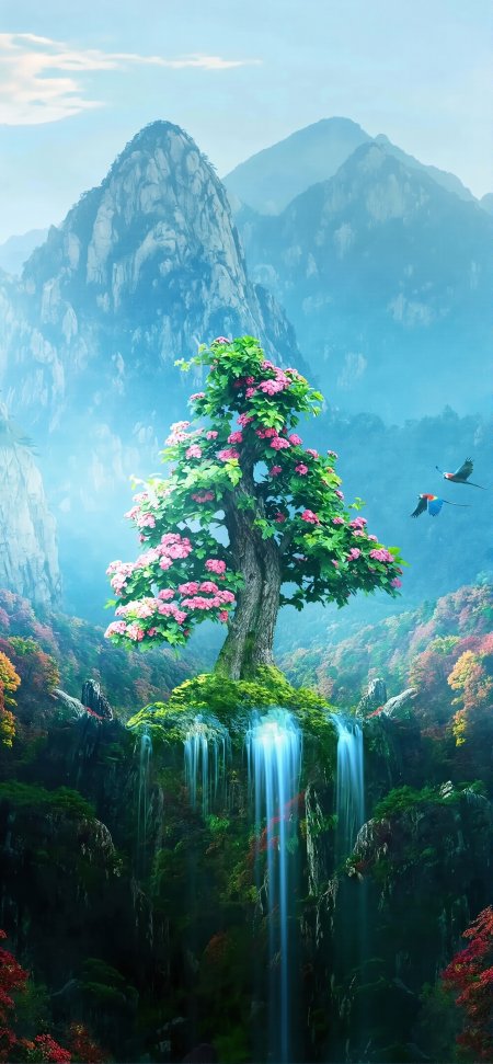 仙山瀑布花树飞鸟奇幻仙境自然风光风景手机壁纸