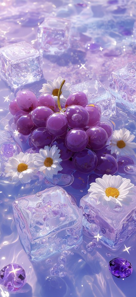 紫葡萄冰块雏菊梦幻唯美插画手机壁纸