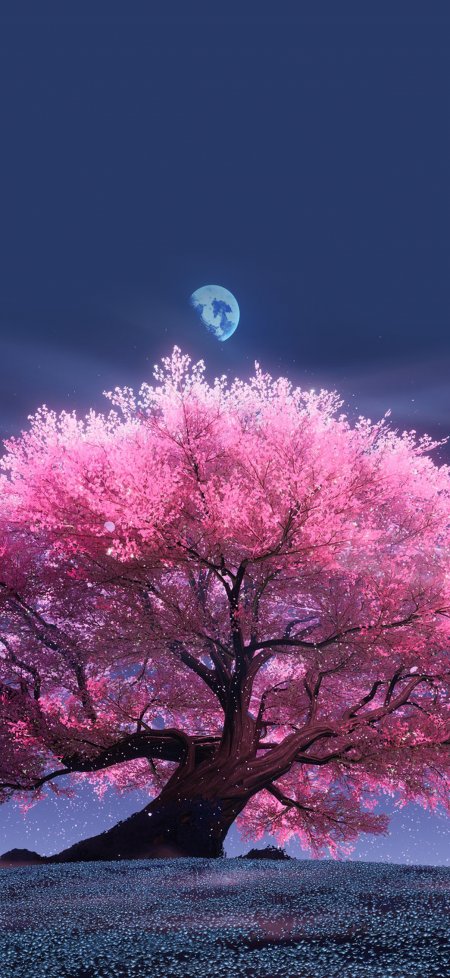 粉色樱花树与蓝月梦幻治愈系风景插画手机壁纸