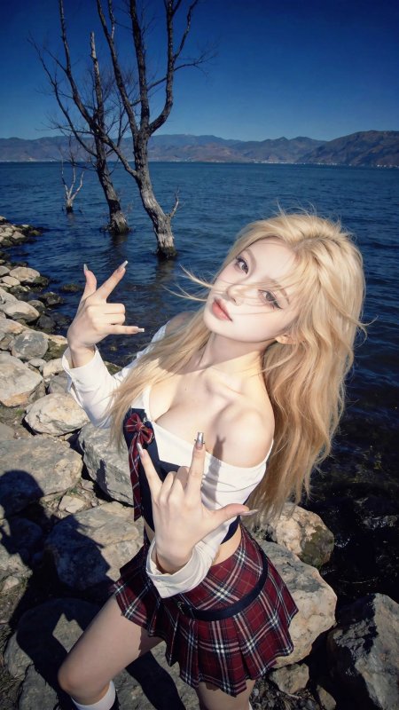 金发美女湖边岩石自然风光摆拍人物手机壁纸