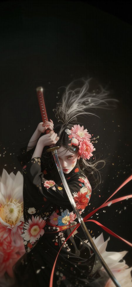 和服少女持刀樱花飞舞华丽日式插画动漫手机壁纸