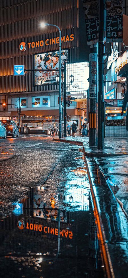 雨夜街道积水倒影霓虹招牌日系街头人文风光风景手机壁纸