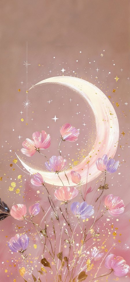 月牙星尘粉紫花朵梦幻唯美情感文艺手机壁纸