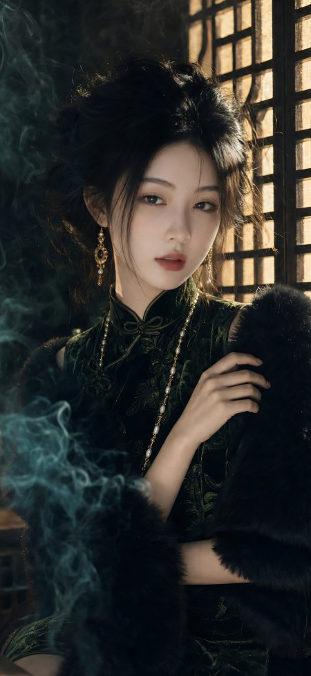绿色旗袍美女烟雾缭绕复古港风人物摄影手机壁纸