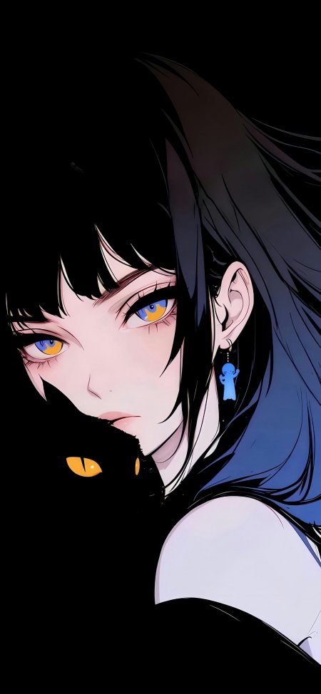 黑发异瞳少女怀抱黑猫暗黑系二次元动漫手机壁纸