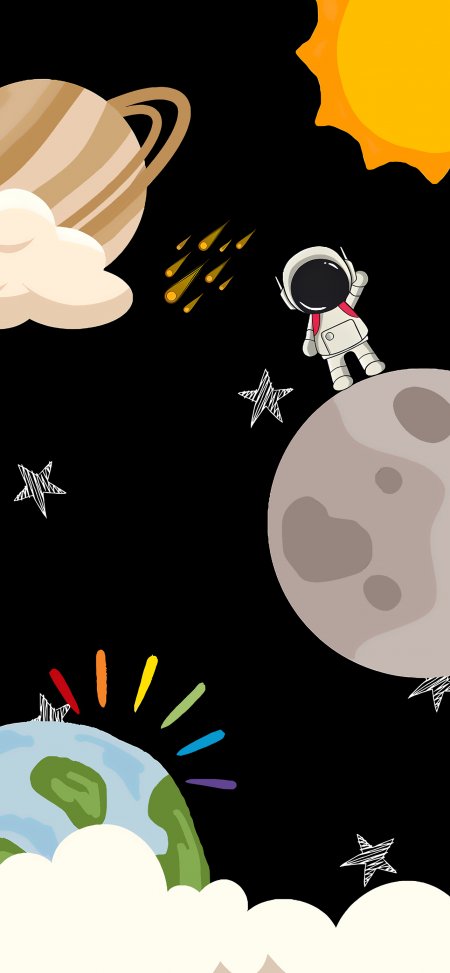 宇航员站在月球上仰望星空卡通宇宙探索动漫手机壁纸