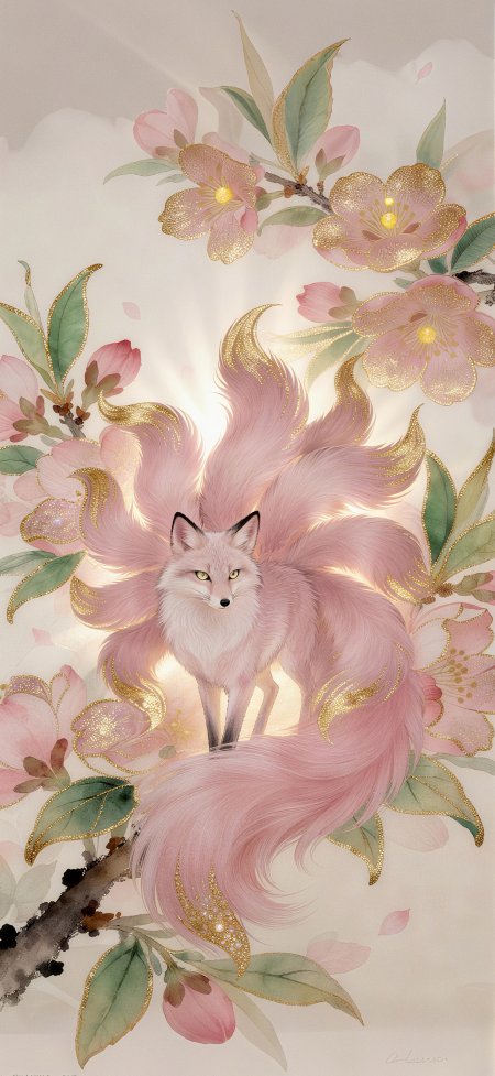 粉色九尾狐樱花金边祥瑞神兽国风插画动漫手机壁纸