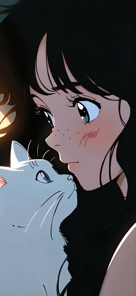 黑发少女抱白猫侧脸温柔动漫手机壁纸