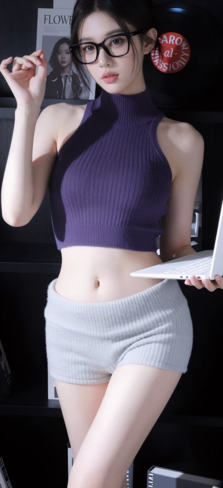 室内美女穿紫色针织衫拿电脑时尚人物摄影手机壁纸