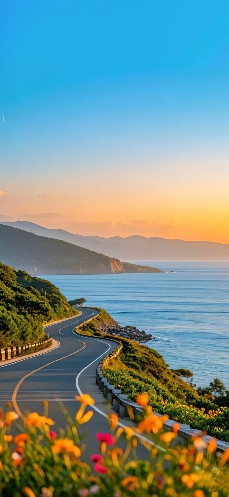 海边公路日落花海治愈系自然风光风景手机壁纸