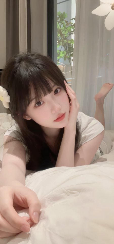 白花发饰白衣美女卧床托腮甜美自拍人物摄影手机壁纸