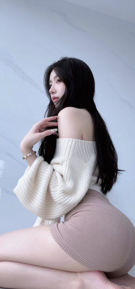 大理石背景前美女穿露肩毛衣侧身回眸迷人人物摄影手机壁纸