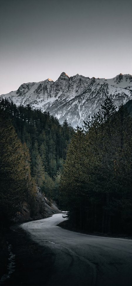 雪山森林蜿蜒公路静谧暗黑系自然风光风景手机壁纸