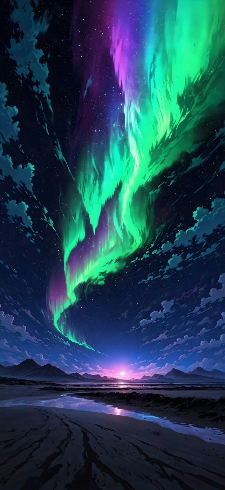 绚烂极光映照雪山河流梦幻星空自然风光风景手机壁纸