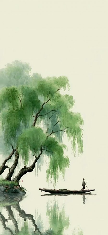 水墨垂柳孤舟渔翁烟雨江南诗意风景手机壁纸