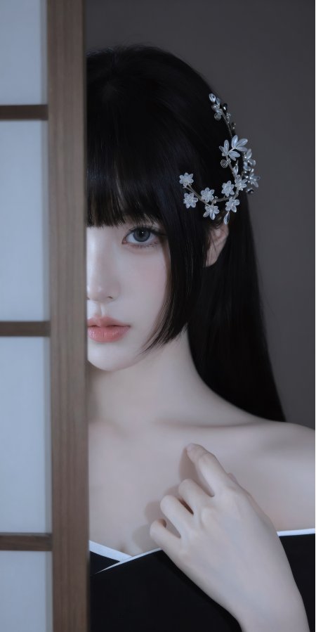 黑发银花发饰美女半遮面古风侧颜人物摄影手机壁纸