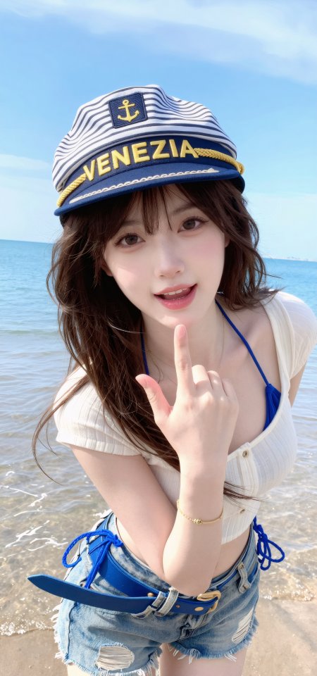 海边美女戴船长帽比手势清新夏日人物摄影手机壁纸