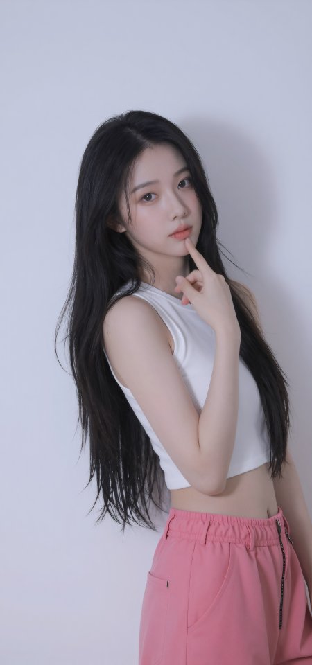 白墙前美女穿白色背心粉裤托腮清纯人物摄影手机壁纸