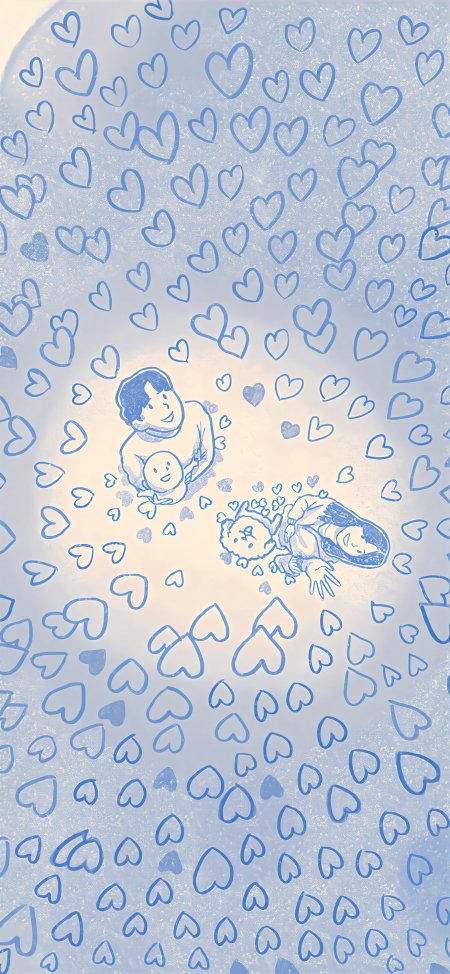 蓝色爱心环绕亲子互动温馨治愈系插画手机壁纸