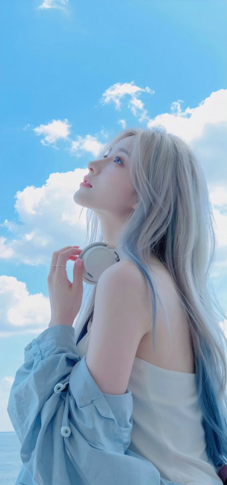 银发少女仰望天空耳机清新治愈人物手机壁纸