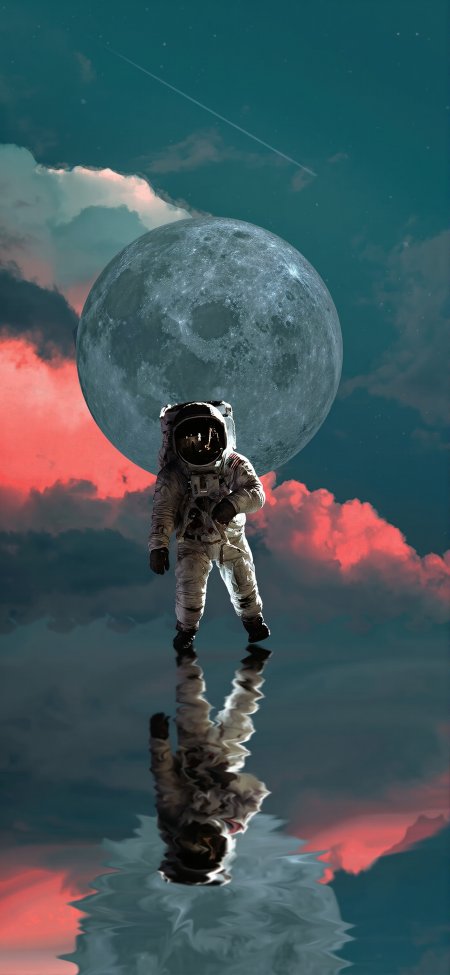 宇航员踏月而行水面倒影科幻宇宙探索创意情感文艺手机壁纸