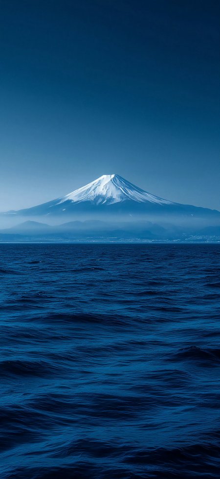 富士山雪顶倒映深蓝海面静谧壮阔自然风光风景手机壁纸