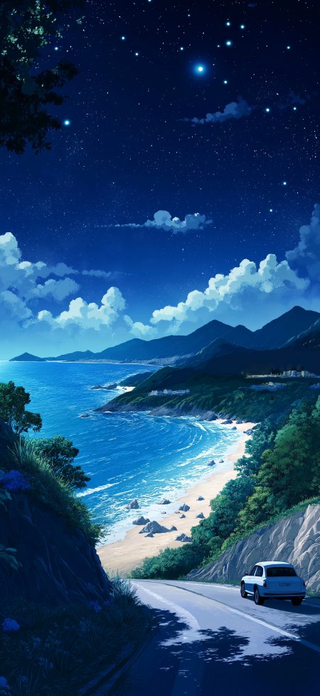 夏夜海边公路星空璀璨蓝色治愈系风景手机壁纸