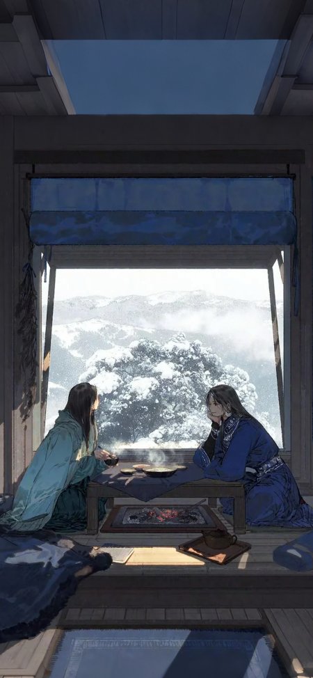 伊吹五月古风插画雪景对坐煮茶意境情感文艺手机壁纸