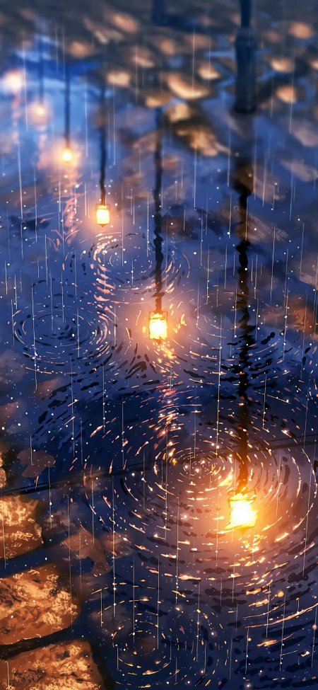 雨夜路灯倒影水花涟漪治愈系插画氛围情感文艺手机壁纸