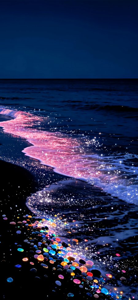 梦幻粉蓝海浪与彩色宝石海滩唯美治愈风景插画手机壁纸